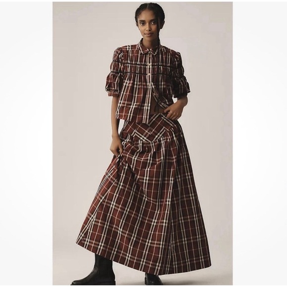 Anthropologie Dresses & Skirts - Anthropologie Maeve Drop Waist Taffeta Maxi Skirt Red Gingham US 6